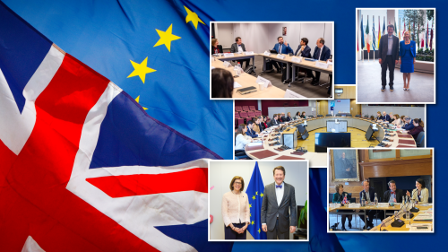 Photo collage - background of United Kingdom and European Union flags. Various photos of Dr. Califf in different meetings with EU and U.K. delegates.