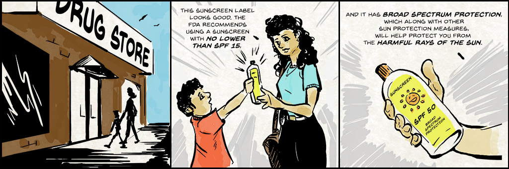 Comic strip depicting a mother and child discussing broad spectrum protection sunscreen with an SPF higher than 15.