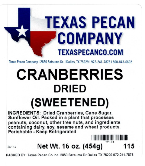 Texas Pecan Company Dried, Sweetened Cranberries 16 oz