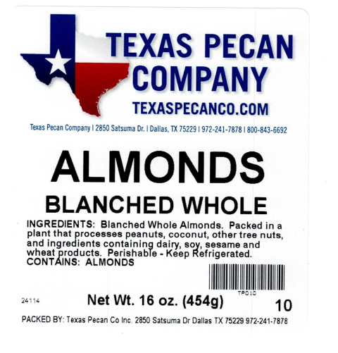 Texas Pecan Company Blanched Whole Almonds 16 oz