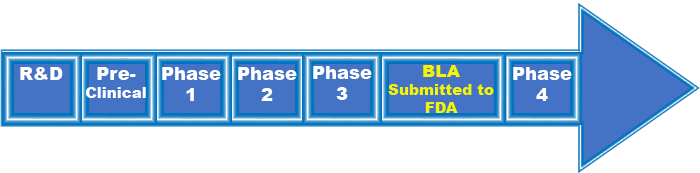 Illustration of the Vaccine Approval Process.  Includes R&D, Pre-Clinical, Phase 1, Phase2, Phase 3, BLA Submitted to FDA, and Phase 4
