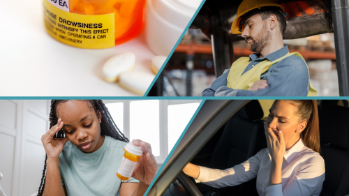Photo collage with 4 photos. Upper left image of warning label on pill bottle. Upper right image of employee asleep at wheel of a forklift on job site. Lower left image of frustrated woman reading warning label on pill bottle. Lower right image of driver yawning behind wheel of automobile while in traffic.