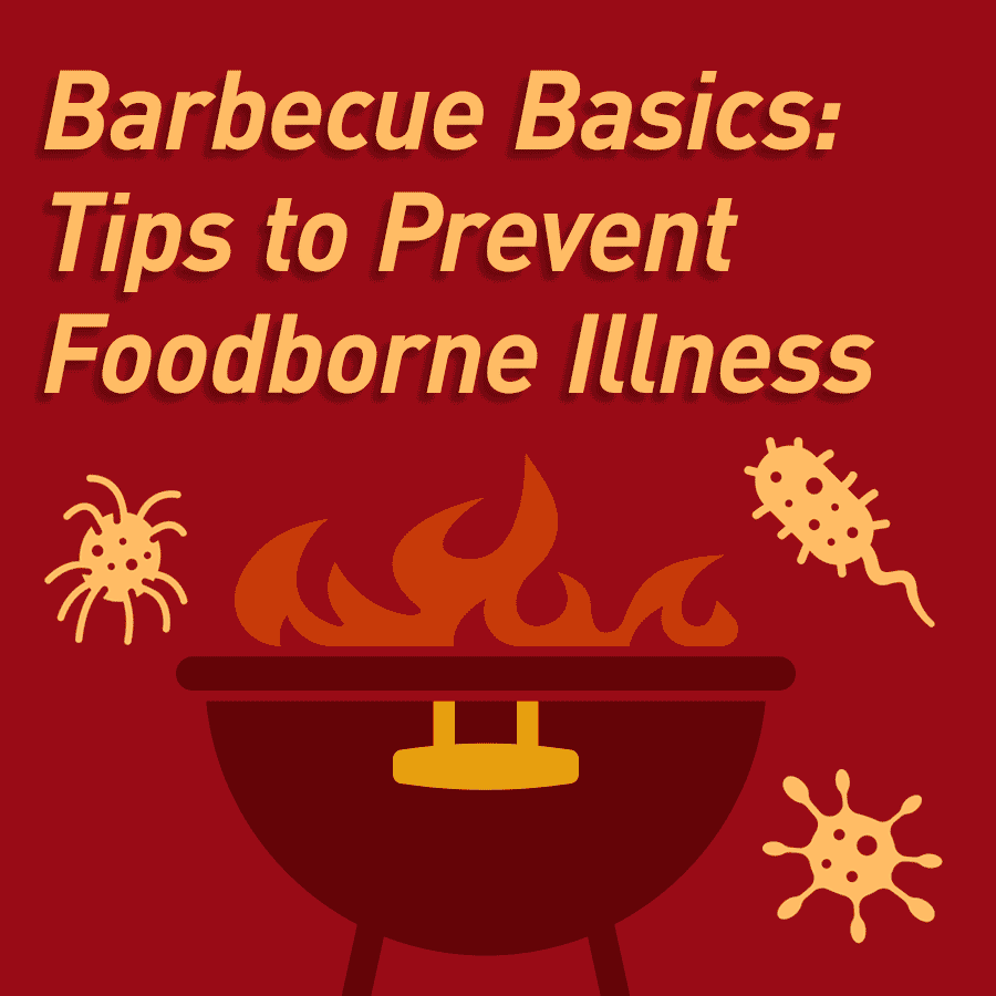 animated GIF with grill, flames bacteria icons and text that reads Barbecue Basics Learn how to prevent foodborne illness when cooking and eating outdoors.