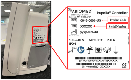 Image depicts where to identify the Product Number and Serial Number on the Impella Controller Image depicts where to identify the Product Number and Serial Number on the Impella Controller