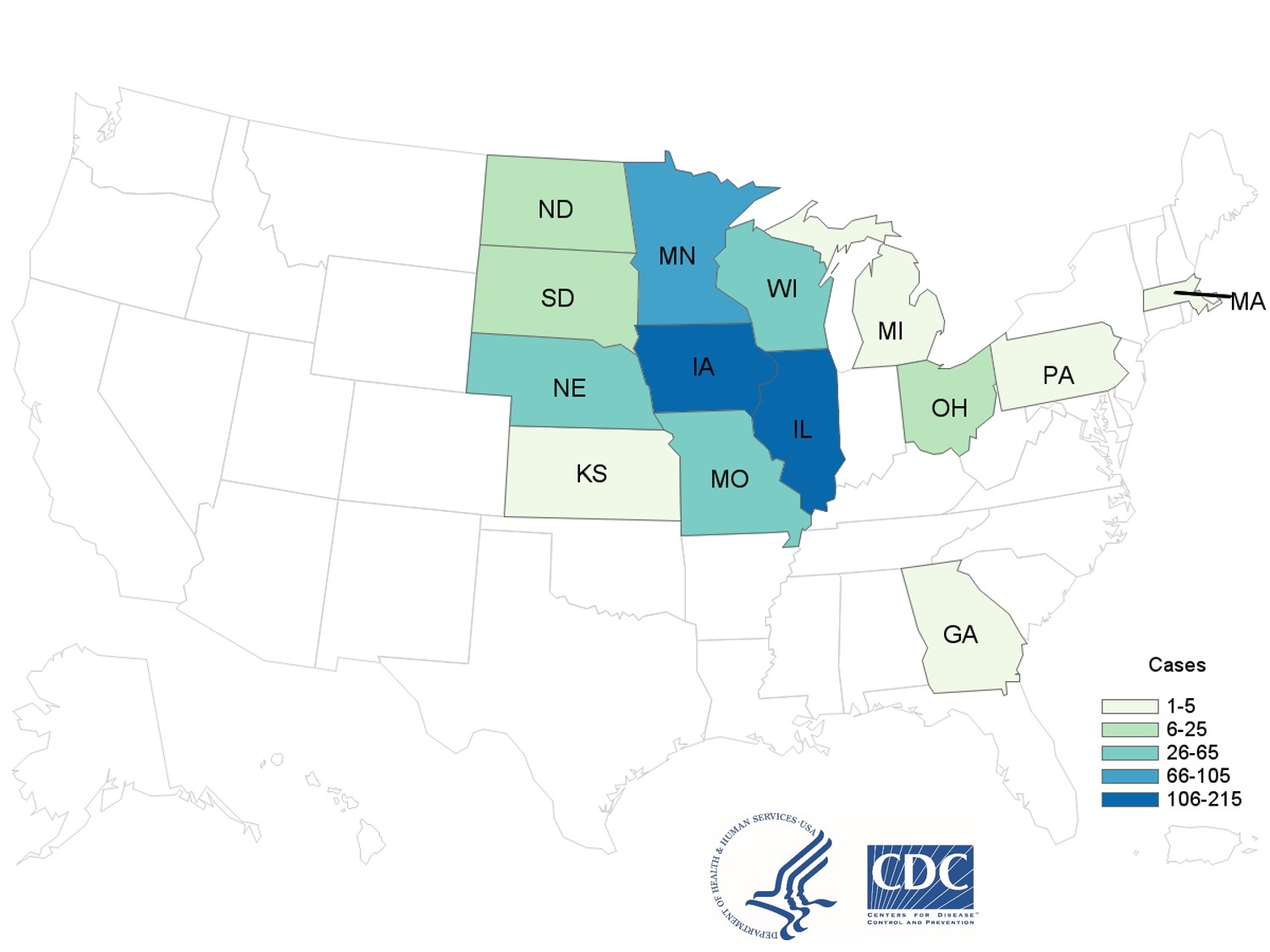 Outbreak Investigation of Cyclospora: Bagged Salads Case Count Map Provided by CDC 9/25/2020