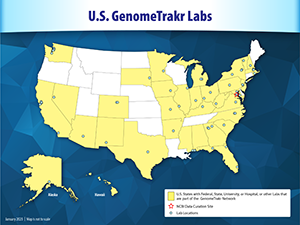 United States map showing states that have GenomeTrakr network labs.  The locations of individuals labs are shows with a light blue circle.  There are 62 GenomeTrakr labs located across 35 states.
