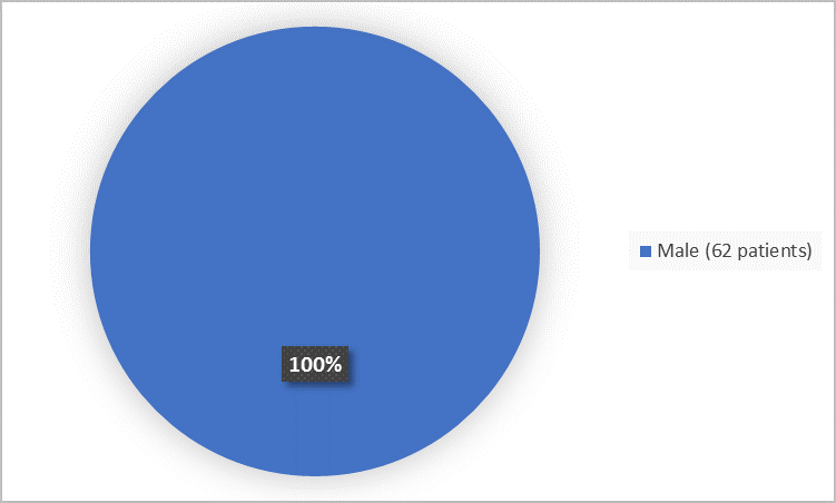 Pie chart summarizing how many men and women were in the clinical trial. In total, 62 men (100%) participated in the clinical trial.