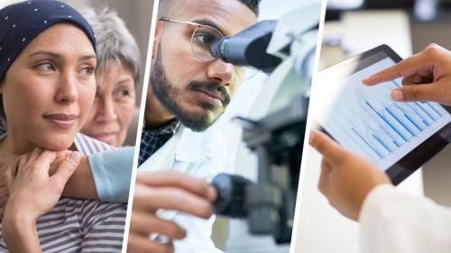 collage of three photos featuring: a hopeful young adult cancer patient embraced by supportive mother, young male scientist looking into a microscope, and a medical professional reviewing data on an iPad