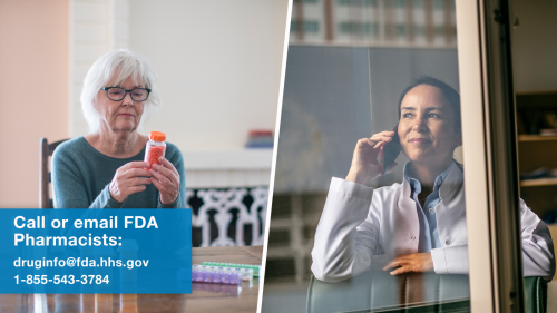 Image depicting an elderly woman staring at her prescription bottle on the left, and a Pharmacist talking on the phone on the right.