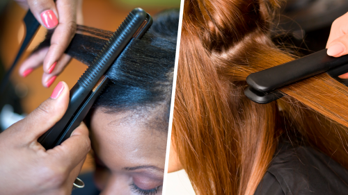 two photos of women of different hair-types, both having their hair straightened with flat irons