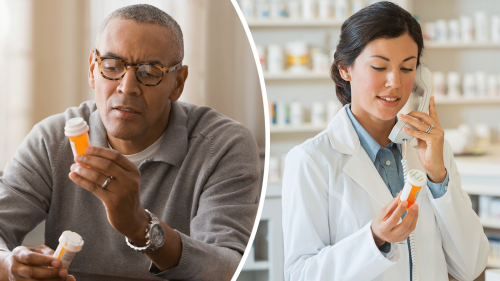 photo of man carefully reading labels on prescription medicine bottles to the left of a photo of a female pharmacist doing the same thing while talking on the telephone