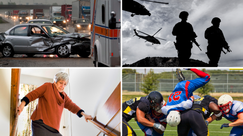 Collage of four photos showing the aftermath of a serious car accident, armed soldiers in the field wearing full combat gear and helicopters flying in the background, football players colliding violently, an older women bracing herself nervously at the top of the stairs