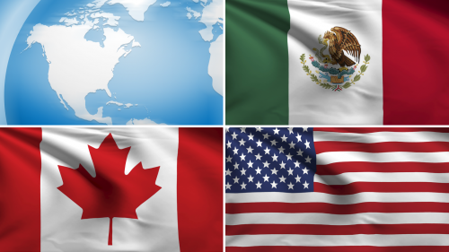 A collage of four images, including a globe focusing on Canada, the United States and Mexico combined with the flags of those countries.