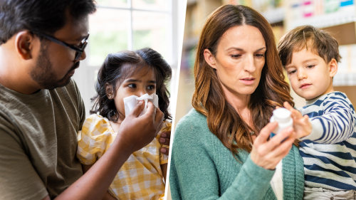 Two image collage showing a father holding a tissue to his toddlers nose, and the other showing a mother holding her child, while reading the back of a bottle of medicine.