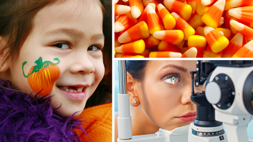 collage of three photos showing a young child smiling with an orange pumpkin painted on her face, candy corn, and a woman being properly examined and fitted for colored contact lenses