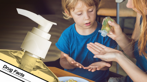 Photos of mom applying hand sanitizer to child's hands and closeup on hand sanitizer dispenser