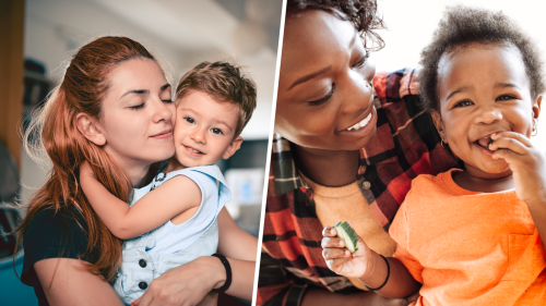 Two image collage depicting diverse mothers gleefully hugging their toddler aged children.