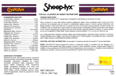 Label: Crystalyx, Sheep-lyx, Net Wt. 125 lb., Batch/Lot # B01769272