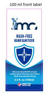 100 ml front label IMC Wash-Free Hand Sanitizer, 3.4 fl. oz.