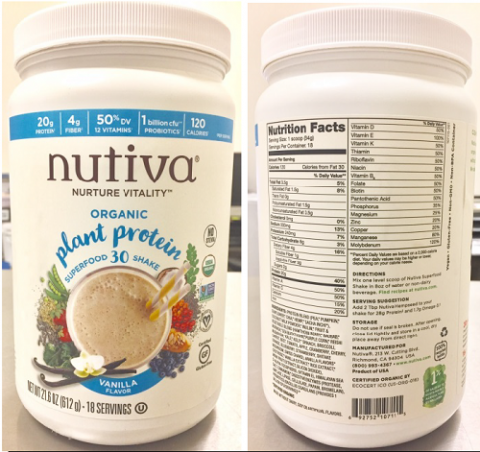 "HDPE Jar images, front panel and back panel, Nuvita Organic plant protein super food 30 shake Vanilla Flavor, 21.6 oz"