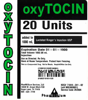 "Oxytocin 20 Units added to 1000 mL Lactated Ringer's Injection USP, NDC 71019-241-02"