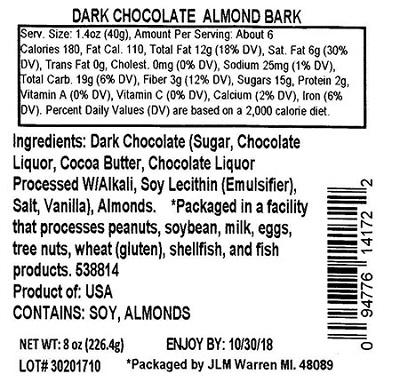 Nutrition Facts Panel – GENERIC DARK CHOCOLATE ALMOND BARK 8 oz. February 2017 – October 2018 UPC 94776141722