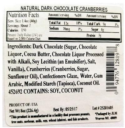 Nutrition Facts Panel – ALL NATURAL DARK CHOCOLATE CRANBERRIES 8 oz. February 2017 – October 2018, UPC 94776128198
