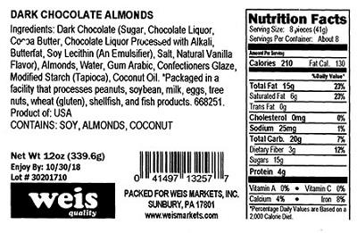 Nutrition Facts Panel - WEIS DARK CHOCOLATE ALMONDS 12 oz. February 2017 – October 2018 UPC 41497132577