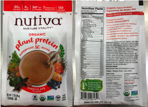 "Packet images, front panel and back panel, Nuvita Organic plant protein super food 30 shake Chocolate Flavor, 1.2 oz (34g) Packets"