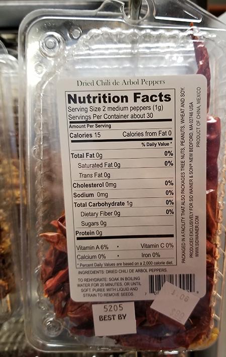 "Dried Chili De Arbol Peppers, back label"