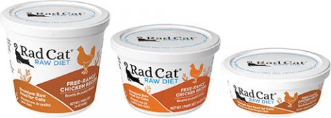 "Rad Cat RAW DIET, FREE-RANGE CHICKEN RECIPE, 24 OZ, 16 OZ., 8 OZ."