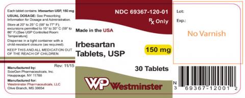 "Product label WP Westminster Irbesartan Tablets, USP, 150mg, 30 tablets"