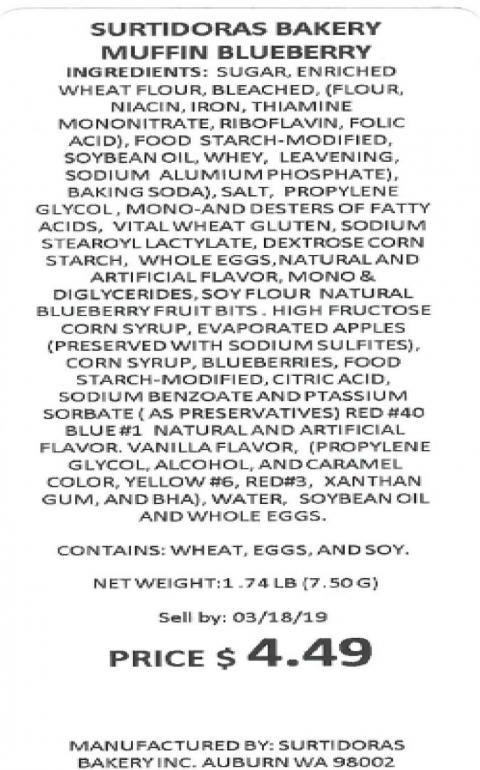 Product label, Blueberry Muffin: Sell by dates between 3/18/19 and 3/26/19