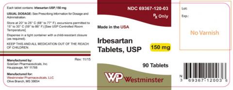 "Product label WP Westminster Irbesartan Tablets, USP, 150mg, 90 tablets"
