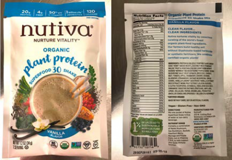 "Packet images, front panel and back panel, Nuvita Organic plant protein super food 30 shake Vanilla Flavor, 1.2 oz (34g) Packets"