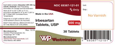 "Product label WP Westminster Irbesartan Tablets, USP, 300mg, 30 tablets"