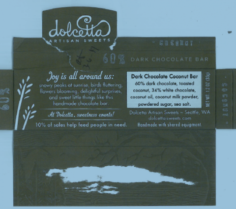 "Dark Chocolate Coconut Bar, product label"