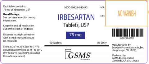 "Product label GSMS Irbesartan Tablets, USP, 75mg, 90 tablets"