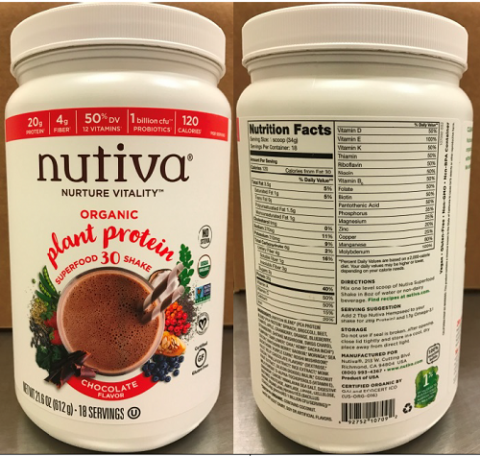 "HDPE Jar images, front panel and back panel, Nuvita Organic plant protein super food 30 shake Chocolate Flavor, 21.6 oz"