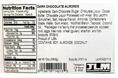 Nutrition Facts Panel - GENERIC DARK CHOCOLATE ALMONDS 12 oz. February 2017 – October 2018 UPC 94776142132