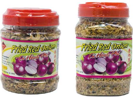 Alt Txt: Canisters of fried red onion and fried garlic (8 oz and 12 oz sizes)