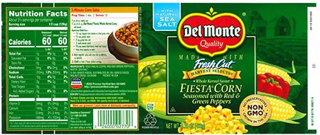 Label, Del Monte FIESTA CORN Seasoned with Red & Green Peppers. 