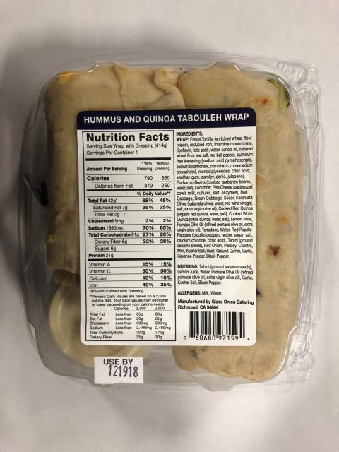 Back label, Greens & Grains Hummus and Quinoa Tabouleh Wrap