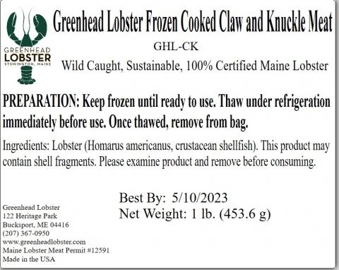 Bag label for Frozen Cooked Claw and Knuckle Meat 1 lb.