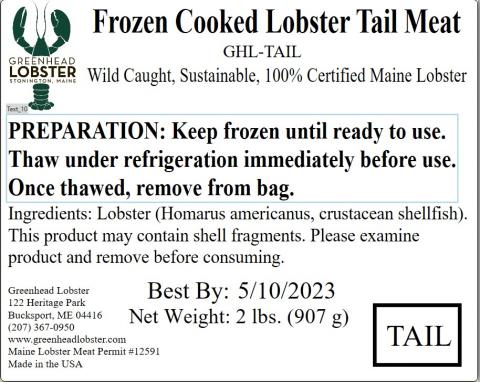 Bag label for Frozen Cooked Tail Meat 2 lbs.