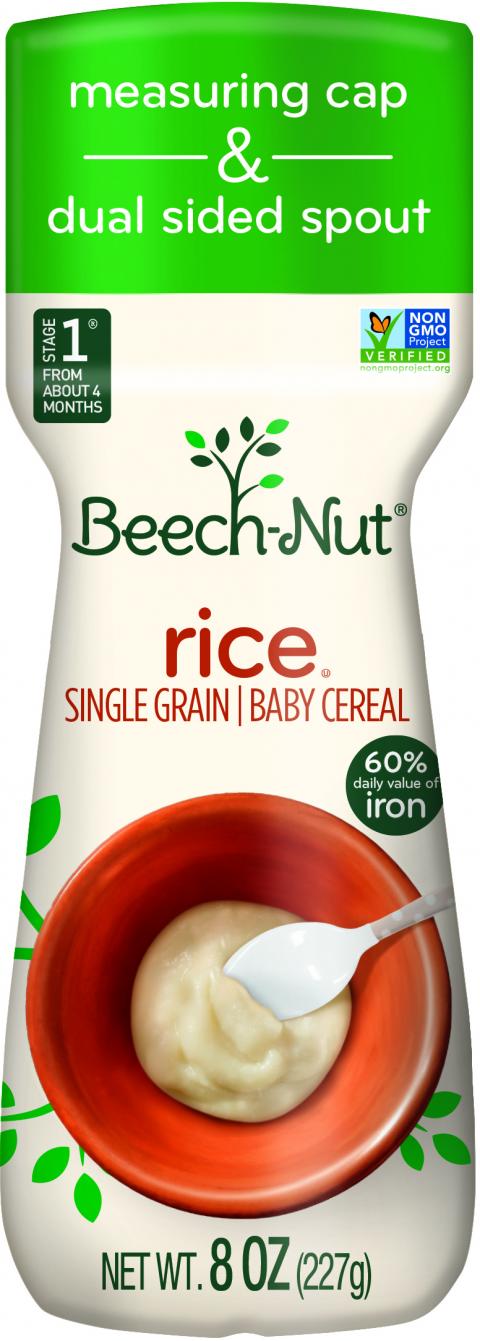 Beech-Nut Rice SINGLE GRAINE BABY CEREAL, NET WT 8 OZ. -  Bottle Front