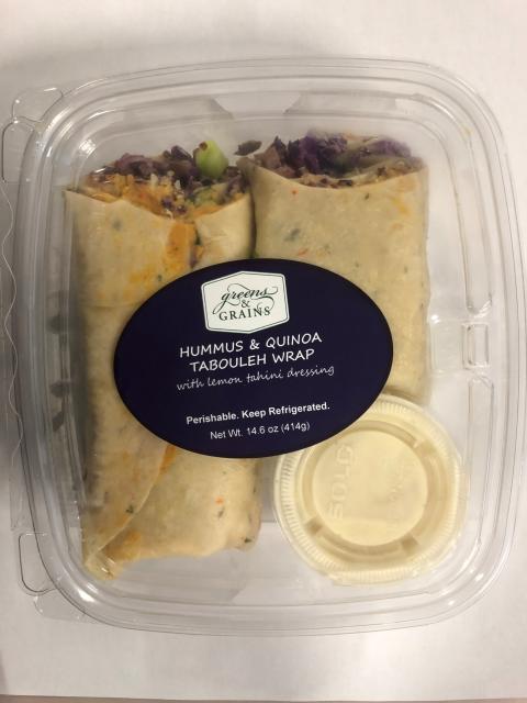 Front label, Greens & Grains Hummus and Quinoa Tabouleh Wrap