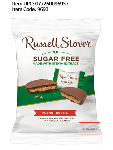 Front of product package, Russell Stover Sugar Free Peanut Butter, NET WT 2.4 OZ