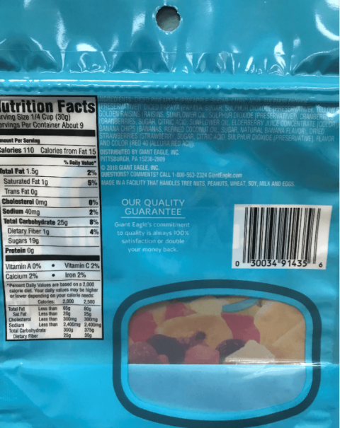 Giant Eagle Dried Island Fruit Mix, Nutrition Facts back label