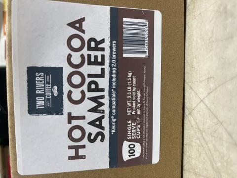 8.	“Two Rivers Coffee Hot Cocoa Sampler, 100 single serve cups”